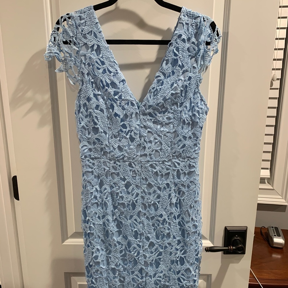 Baby blue lace knee length dress.
